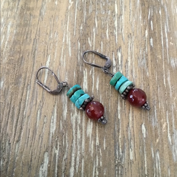 Vintage Jewelry - Free Gift or Buy for $5 Turquoise Red Carnelian Leverback Earrings